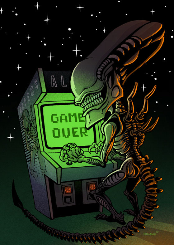 Alien playing an archade game