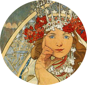 a portrait made by mucha, depicting a woman on a throne with a long pale green dress with a metal crown with roses in the cracks of the crown.