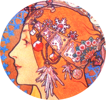 a portait of a woman with vibrant orange-red hair facing portrait style. Has a lot of lovely decorations hanging from her hair