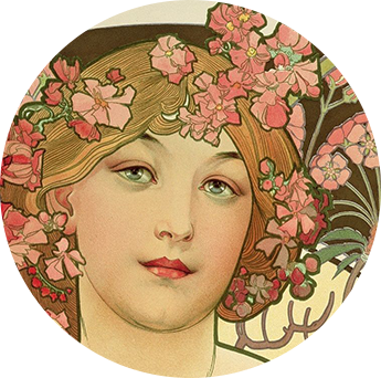  portrait of a woman with lovely pink flowers in her hair.